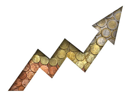 Growing arrow with euro coins background, euro money investment concept on white background