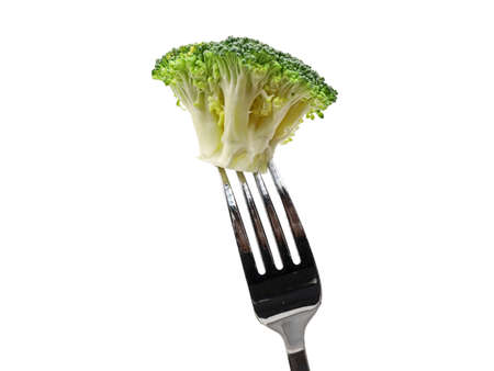 fork with broccoli floret isolated on white backgroundの写真素材