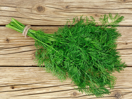 A bunch of fresh green dill on a rustic wooden background, top view of a popular aromatic garden herb.の写真素材