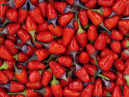 close up of small red hot chili peppers, Capsicum frutescens, lila luzi or peruvian purple chilis as backgroundの写真素材
