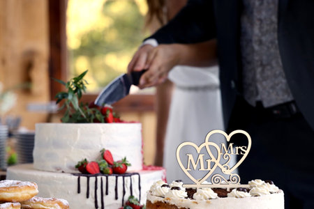 Close up of wooden words Mr. and Mrs. cake topper while bride and groom holding a knife and cutting...