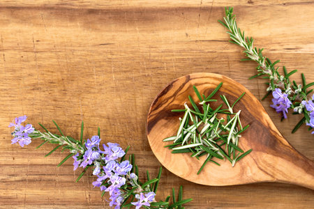 Fresh rosemary needles in a wooden spoon next to blooming rosemary branches on a wooden cutting board, use of rosemary as a herb or for aroma therapyの写真素材