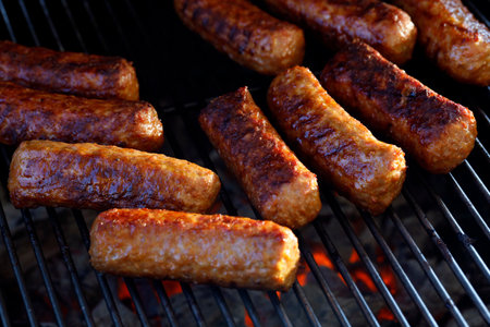 Close-up of roasted cevapi, cevapcici on the grill over glowing charcoal, traditional Balkan meat sausages on the bbqの写真素材