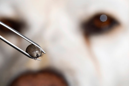 White dog, labrador retriever looks at blood-filled tick in tweezers, ticks must be removed from pets, otherwise they can cause dangerous infectionsの写真素材