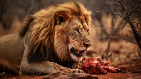 Lion eating a buffalo carcass in the Kruger National Park, South Africa.の素材