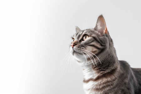 Close-up portrait of a tabby cat on a white backgroundの素材