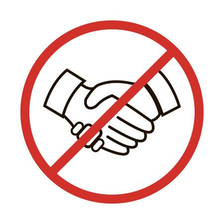 Handhsake sign. Isolated icon of virus and warn restriction. No sickness or infection. Stay safe of coronavirus. Stop sign. Vector EPS 10.のイラスト素材