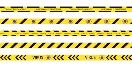 Warning stripes. Virus and coronavirus warning sigh.  Stop stripes. Restricted area because of danger. Hazard border sign. Epidemic situation line. Do not cross. Vector EPS 10.のイラスト素材