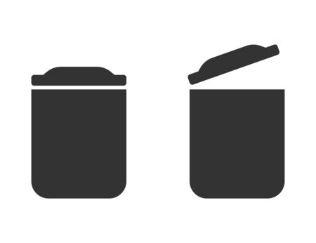 Isolated trash bin, opened and closed. Garbage recycle can illustration. Dustbin sign for waste in black flat design. Container for dust and recycling. Vector EPS 10.のイラスト素材