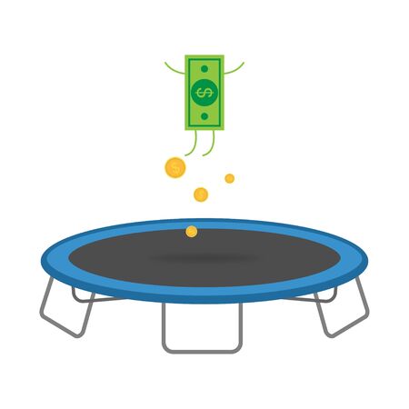 Jumping dollar icon with coins on trampoline. Unstable currency of dollar. Flying money isollated symbol. No stability of economy. Vector EPS 10のイラスト素材
