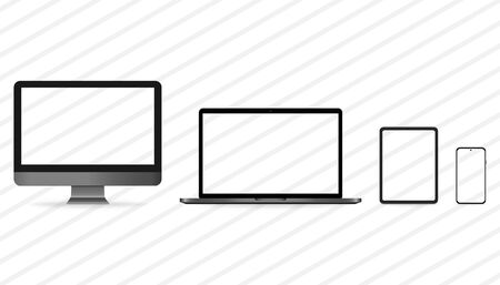 Set of realistic computer, laptop, tablet and smartphone. Mockup of desktop and mobile device. Template of pc desktop and telephone. Isolated monitor with transparent background. EPS 10のイラスト素材