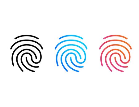 Fingerprint set icon in black, blue and orange design. Identity with thumbprint access. Press or touch thumbprint protection. Scan of unique isolated symbol. Security and identity. Vector EPS 10のイラスト素材