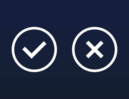 Yes and no cross. Wrong and correct choice buttons. Set of right and incorrect answer. Positive and negative tick illustration. Isolated answer with checkmark in black and white. Vector EPS 10のイラスト素材