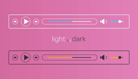 Audio player mockup in light and dark mode. Media controller interface. Template for music ui. Web layout in simple linear flat design. Audioplayer bar with play, next and sound icons. Vector EPS 10のイラスト素材