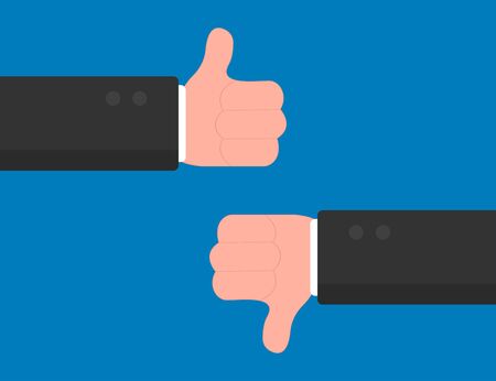 Thumb up and down icons. Hand with like or dislike. Positive or negative signal. Yes and no, good or bad symbol. Illustration of answer. Concept of hand in flat design. Vector EPS 10のイラスト素材