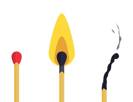 Match with fire flame isolated stick. Flaming burning match light. New match, with flame and used match with smoke. Vector EPS 10.のイラスト素材