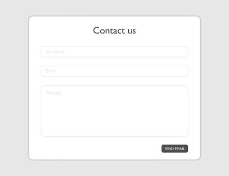 Contact us form. Template for feedback email. Mockup with blank name, email and message fields. Empty editable frame for support contact. Send button. Contact or feedback interface. EPS 10.のイラスト素材