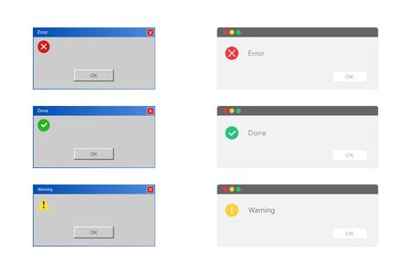 Error, warning and done message. Alert window on computer in old and modern style. Report dialogue. Error notification. Retro and modern design of report window. Problem caution. Vector EPS 10.のイラスト素材