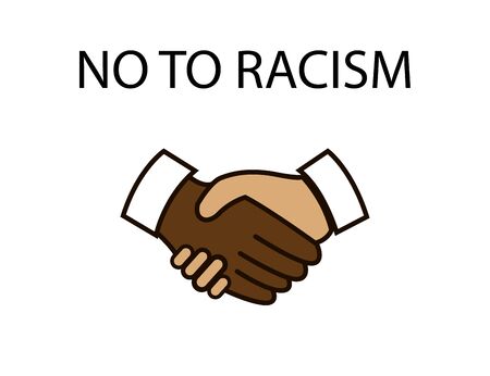 No to racism. Stop discrimination. Hands shaking. White and black skin. Society acceptance. Arms together.のイラスト素材