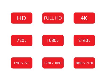Set of hd, full hd and 4k resolution. 720p, 1080p and 2160p pixel of display or video quality. 1920x1080 media definition. Widescreen film.のイラスト素材