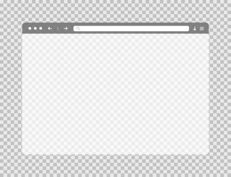 Transparent web browser window. Template of website page. Empty mockup of internet website. Isolated browser screen with blank page. Search bar in moder flat style.のイラスト素材