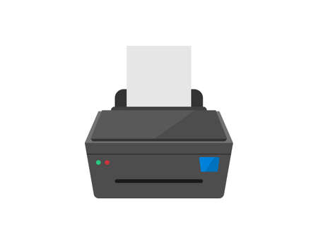 Printer icon. Printout machine with paper document. Laser scanner and printer. Ink printing device. Isolated office tool. Copy and scan machine. On and off buttons.のイラスト素材