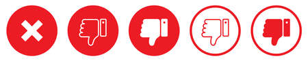 Dislike buttons set on white background. Unlike collection in red circle. Cross mark symbol. Isolated no and reject sign. Negative feedback with thumbs down.のイラスト素材