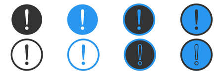 Exclamation mark icons. Isolated attention symbol collection on white background. Warning icon in circle in black and blue. Important message sign. Vector illustration.のイラスト素材