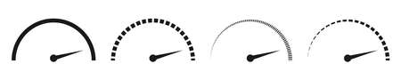 Level measure bar on white background. Isolated speedometer scale in black. Dashed and dotted progress level. Rating measurement with arrow. Fast speed tachometer.のイラスト素材