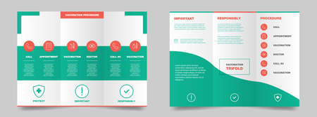 Vaccination brochure. Vaccination procedure banner. Anti virus banner. Vaccination trifold magazine. Presentation for vaccine. Steps to get vaccine. Vector illustration.のイラスト素材