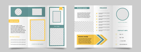 Trifold brochure mockup. Green and yellow magazine poster. Editable presentation banner. Business trifold booklet. Isolated brochure template. Vector illustration.のイラスト素材