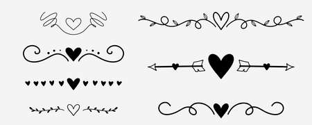 Handwritten love doodle. Decorative romantic dividers. Hand drawn romantic doodles with heart shape and arrows. Wedding decoration in drawing styleのイラスト素材