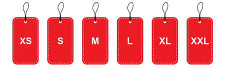 Size label tag in red. Isolated clothing size on white background. Smal, medium and large shopping tag. Dashed label collection. Vector illustrationのイラスト素材