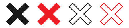 Cross symbol collection on white background. Black and red wrong sign. X icon in bold and outline design. Reject and cancel vector illustration. Error pictogram. Re cross.のイラスト素材