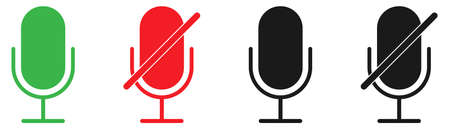 Mic symbol. Red and green microphone icon. Isolated record sign. Mic icons in black. Mute symbol. Retro microphone vector. Podcast sign. Vector illustrationのイラスト素材