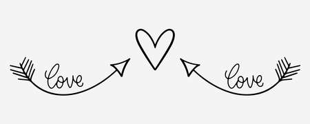 Hand drawn heart shape with arrows. Romantic doodle in sketch style. Love hand drawn doodle with arrows. Romantic sketch. Vectorのイラスト素材
