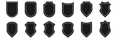 Shield emblem collection on white background. Isolated heraldic security symbol. Protection pictogram in black. Privacy icon in medieval style. Vector illustration.のイラスト素材