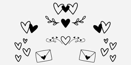 Handwritten heart icons in doodle style. Hand drawing romantic symbols in black. Love dividers decoration. Swirl heart doodles in handwritten styleのイラスト素材