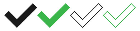 Checkmark tick collection on white background. Isolated right and correct symbol. Positive tick in black and green. Outline and bold done icons. Vector illustration of choice pictogram.のイラスト素材