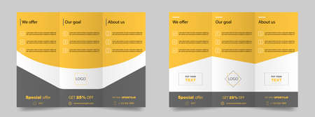 Trifold brochure mockup. Magazine poster mockup. Brochure cover for business. Trifold template in yellow. Promotion flier. Editable poster. Trifold magazine. Vector illustration.のイラスト素材