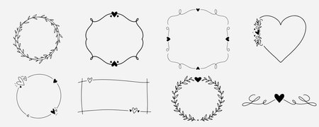 Hand drawn doodle frame, Handwritten square and round frame. Decoration art in doodle style. Vintage collection of love in sketchのイラスト素材