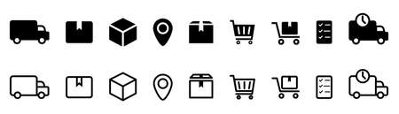 Delivery icons set. Black filled and outline collection. Shipping pictograms. Logistic shipment iconsのイラスト素材