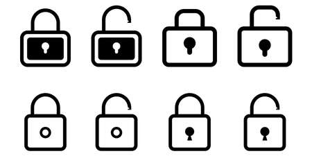 Padlock icon. Lock symbol in black. Password pictogram collection. Padlock icons on white background. Protection symbol. Keyhole with lock. Closed and open privacy.のイラスト素材