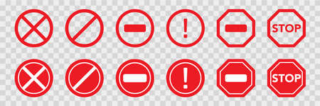 Stop sign set. Transparent forbidden symbol. Road sign in red circle and octagon shape. Danger warn in red. Stop signのイラスト素材