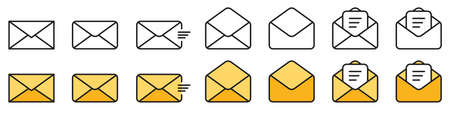 Mail envelope set. Transparent and colored envelope symbol. Contact us collection. Message icon. Postal address sign. Yellow and black mail collection.のイラスト素材