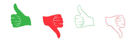 Thumb up and down. Like and dislike hand. Thumbs up and down in green and red. Positive and negative symbolのイラスト素材
