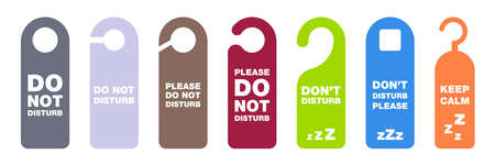 Do not disturb tag. Don't disturb banner in hotel. Please do not disturb collection. Hanging label in hotel. Private time message. Warning symbol on door. Colorful privacy tag set.のイラスト素材