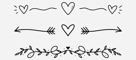 Love dividers sketch. Hand drawn romantic divider in doodle style. Heart shape with arrows doodle. Handdrawn decorative art shape.のイラスト素材
