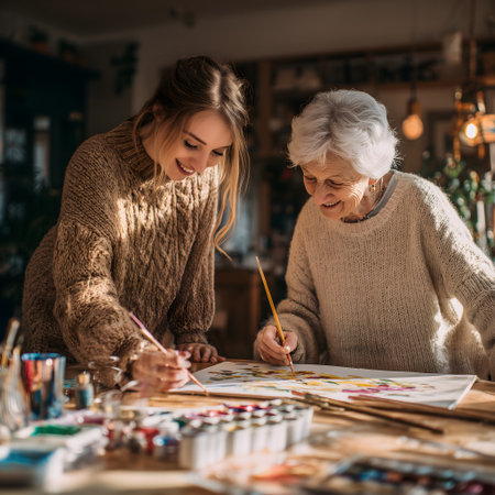 Elderly woman and her granddaughter are painting in art studio.の素材