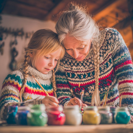 Grandmother and granddaughter paint with wax crayons on wooden tableの素材